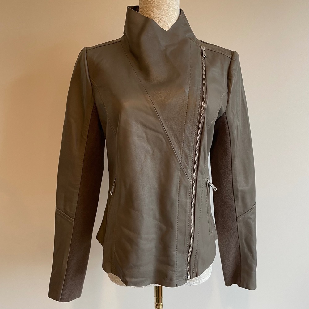 Trouve Asymmetrical Zip Moto Leather Jacket‎ Taupe Knit Panels Size S Edgy